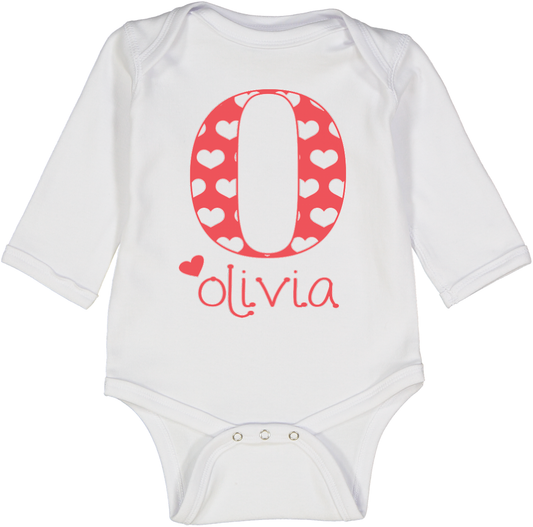 Red white heart Initial Name Ls Onesie