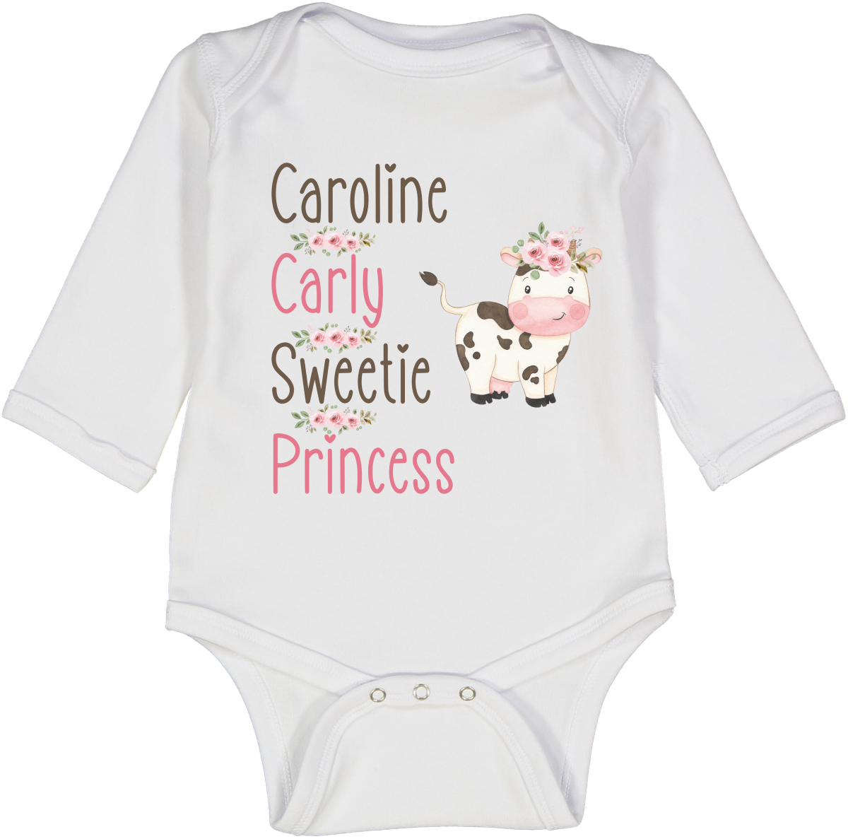 White Cute Cow Floral Four-Name Personalized Long-Sleeve Bodysuit Personalized