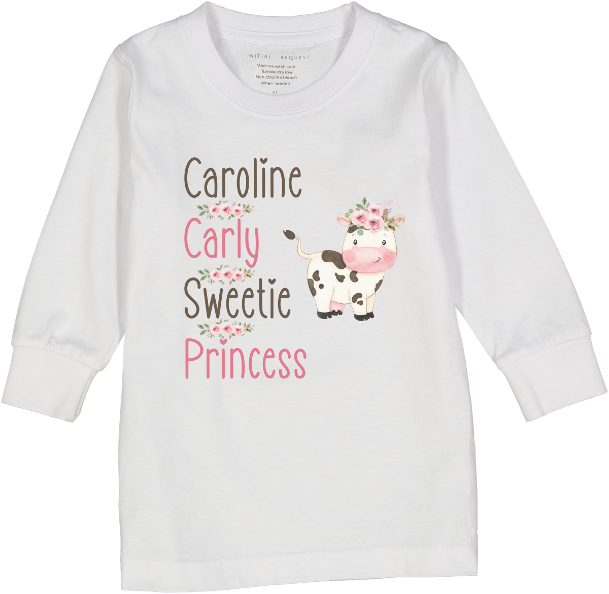 White Cute Cow Floral Four-Name Personalized Long-Sleeve Tee