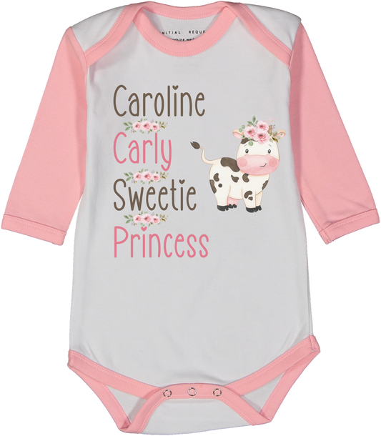 Pink & White Cute Cow Floral Four-Name Personalized Raglan Bodysuit