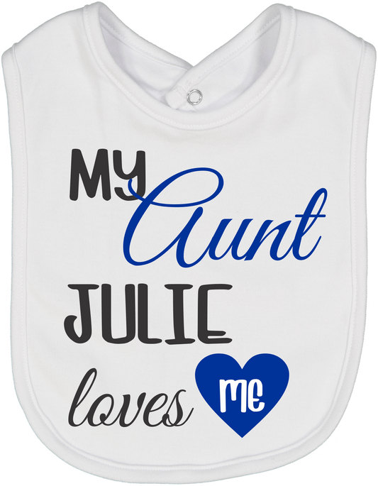 White & Blue 'My Aunt Loves Me' Personalized Name Bib