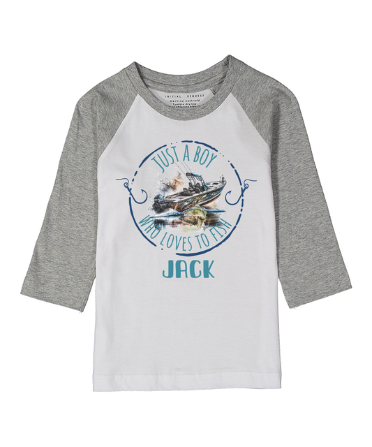 Just a Boy Who Loves to Fish Gray Raglan Tee 2 Personalized