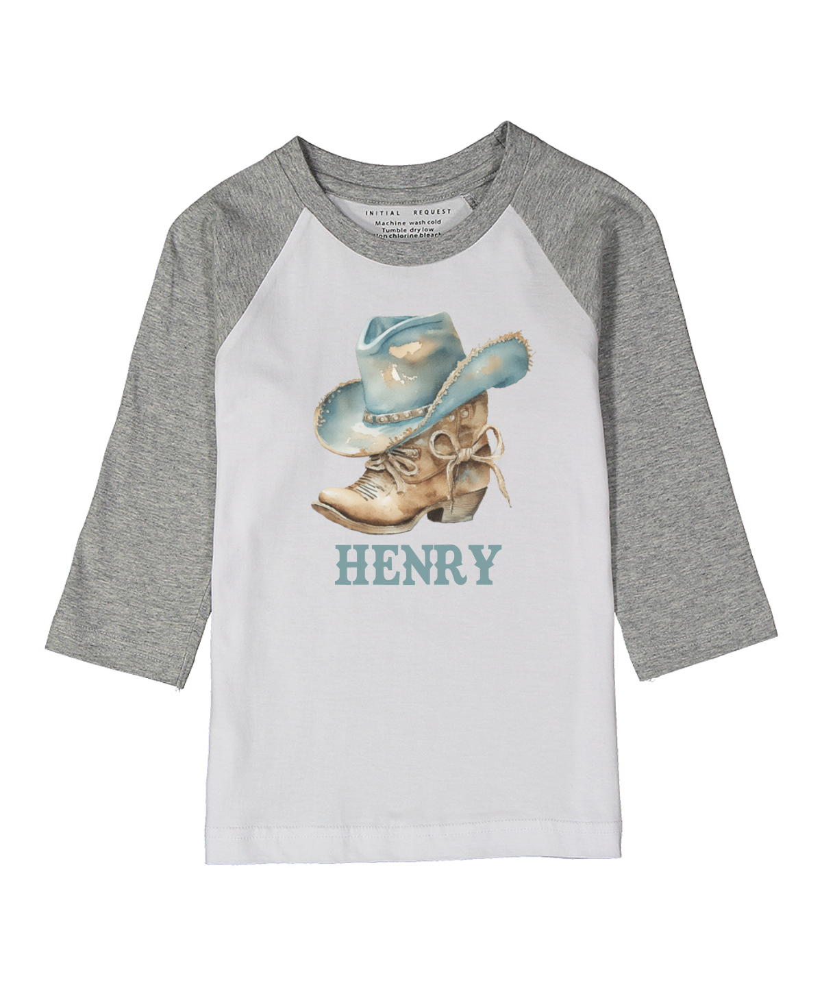 Cowboy Boot with Blue Hat Gray Raglan Tee personalized