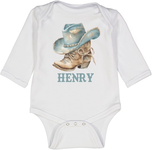 Cowboy Boot with Blue Hat Long sleeve onesie Personalized