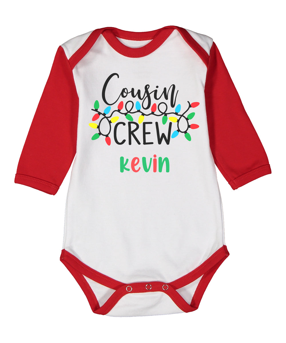 Personalized Christmas Cousin Crew Lights Red Raglan Bodysuit