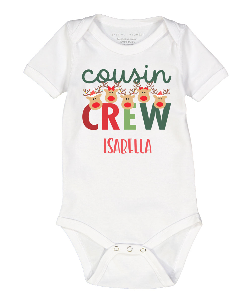 Personalized Christmas Cousin Crew Reindeer Baby Short Sleeve Bodysuit