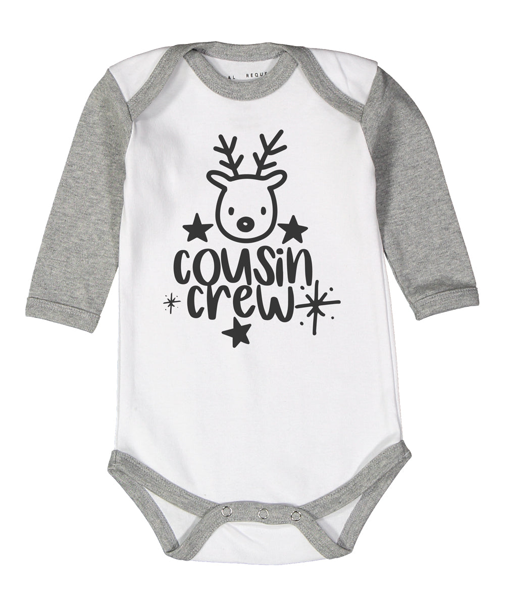 Reindeer Cousin Crew Red, Gray, and Pink Raglan Baby Bodysuit