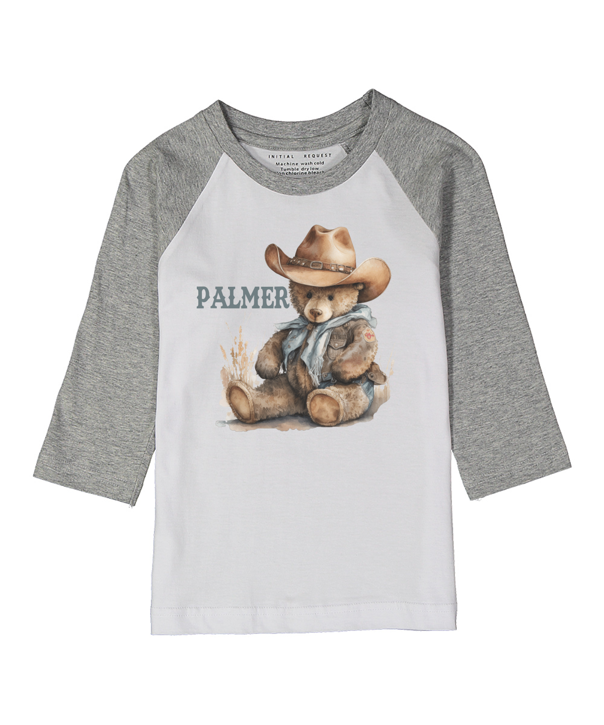 Teddy Bear Cowboy Personalized Gray Raglan Tee Personalized