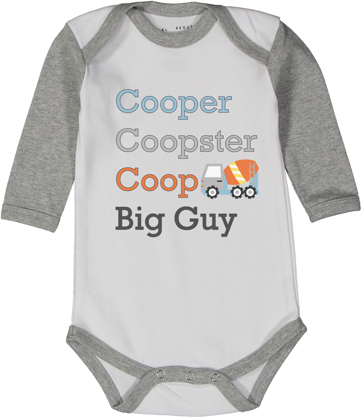 Gray & White Cement Truck Four-Name Personalized Raglan Bodysuit