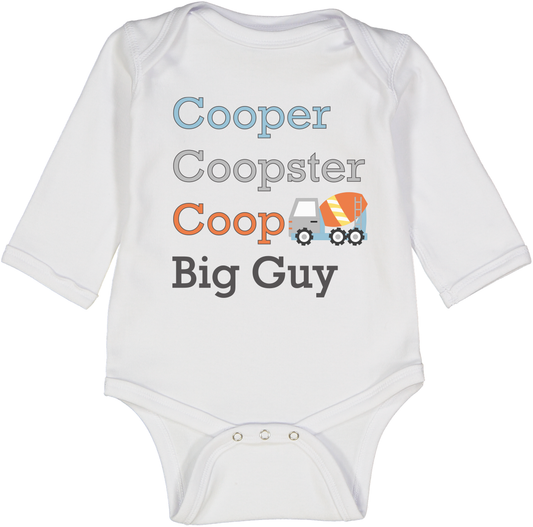 White Cement Truck Four-Name Personalized Long-Sleeve Bodysuit