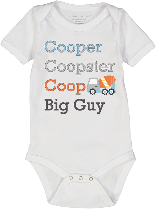 White Cement Truck Four-Name Personalized Short-Sleeve Bodysuit