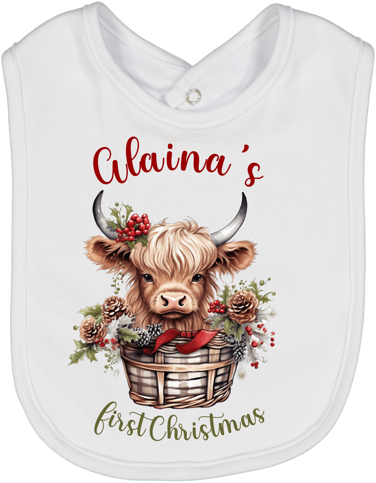 Highland Cow First Christmas Basket Personalized Bib