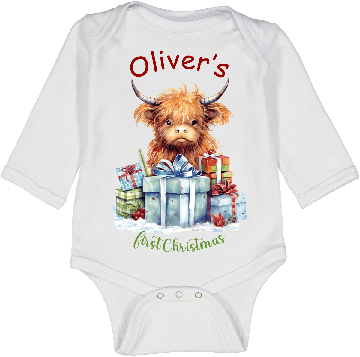 Highland Cow Presents First Christmas Personalized  LS Body 1