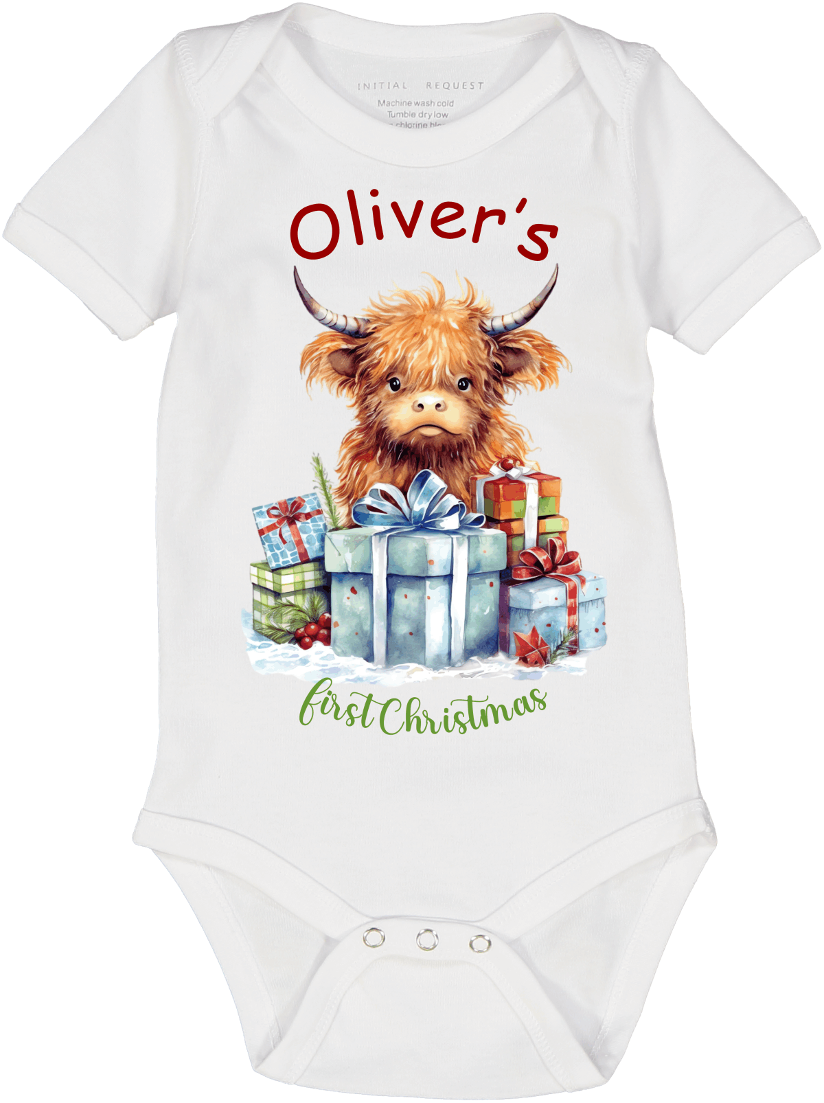 Highland Cow Presents Personalized First Christmas SS Body