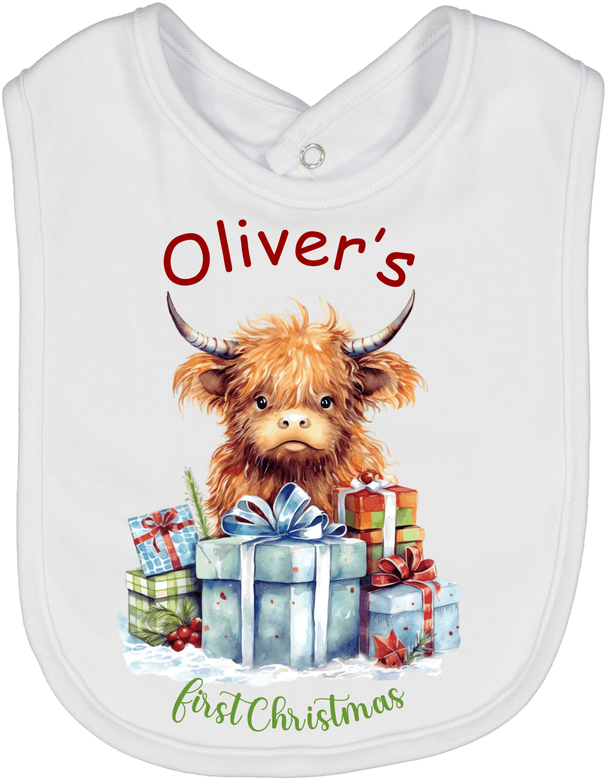 Highland Cow First Christmas Presents Bib Personalized