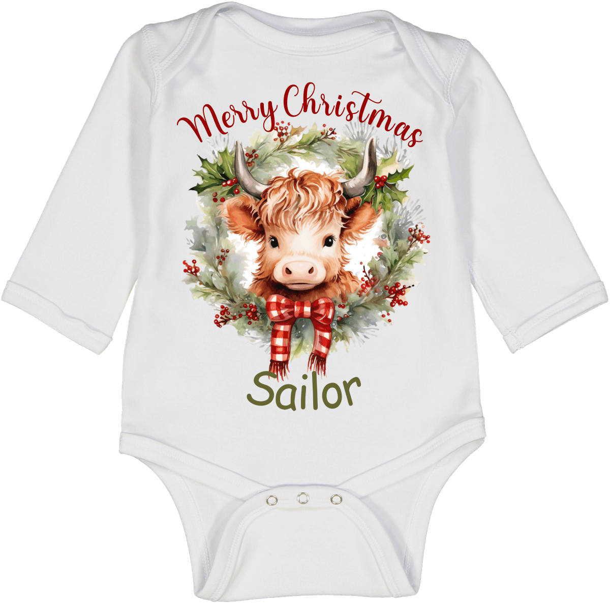 Highland Cow Christmas Wreath Personalized LS Body 1