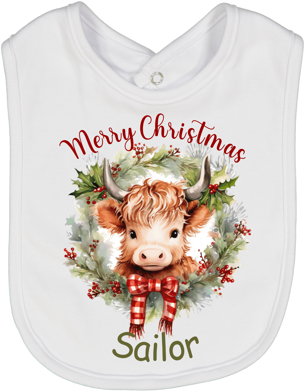 Highland Cow Merry Christmas Wreath Personalized Bib