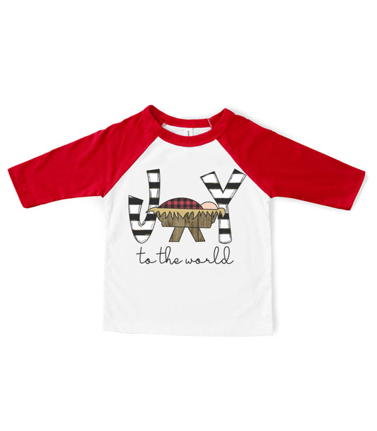 JOY to the WORLD Red Raglan Tee Christmas Manger Holiday Kids Tee