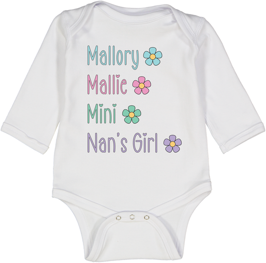 White Floral Four-Name Personalized Long-Sleeve Bodysuit