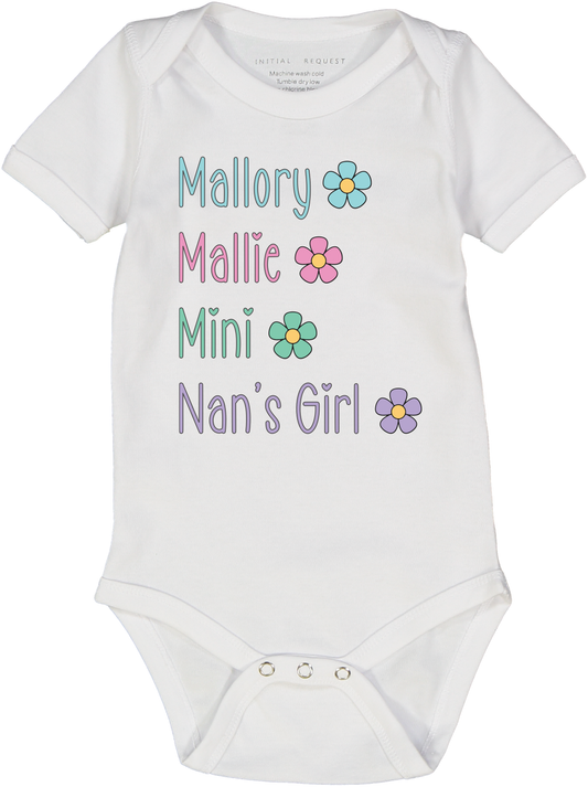 White Floral Four-Name Personalized Short-Sleeve Bodysuit