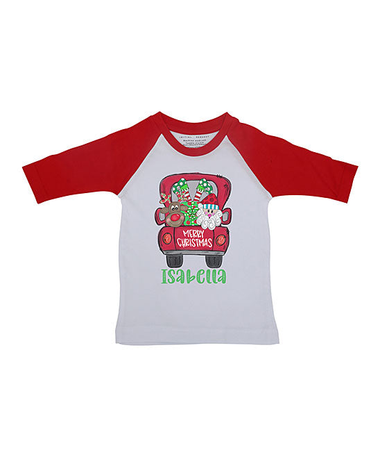 Personalized Santa & Rudolph Merry Christmas Vintage Truck Red Raglan Tee