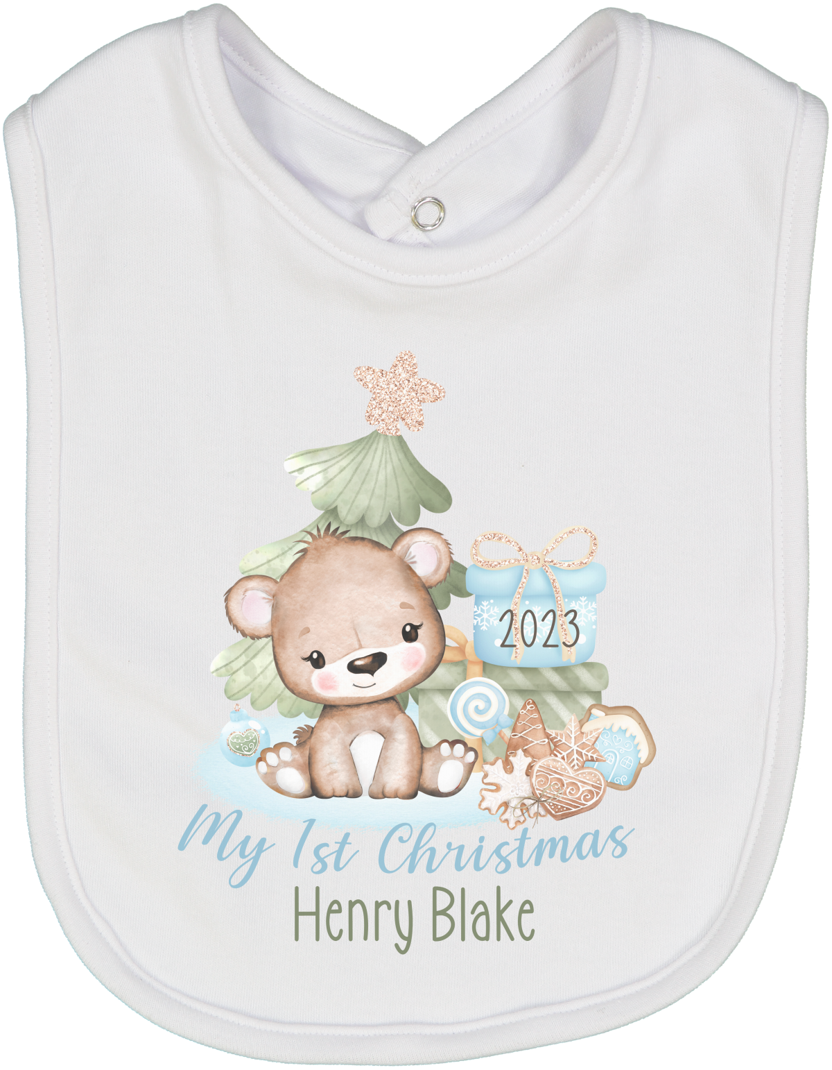 Personalized My First Christmas 2023 Bear Boy Tree Bib 3