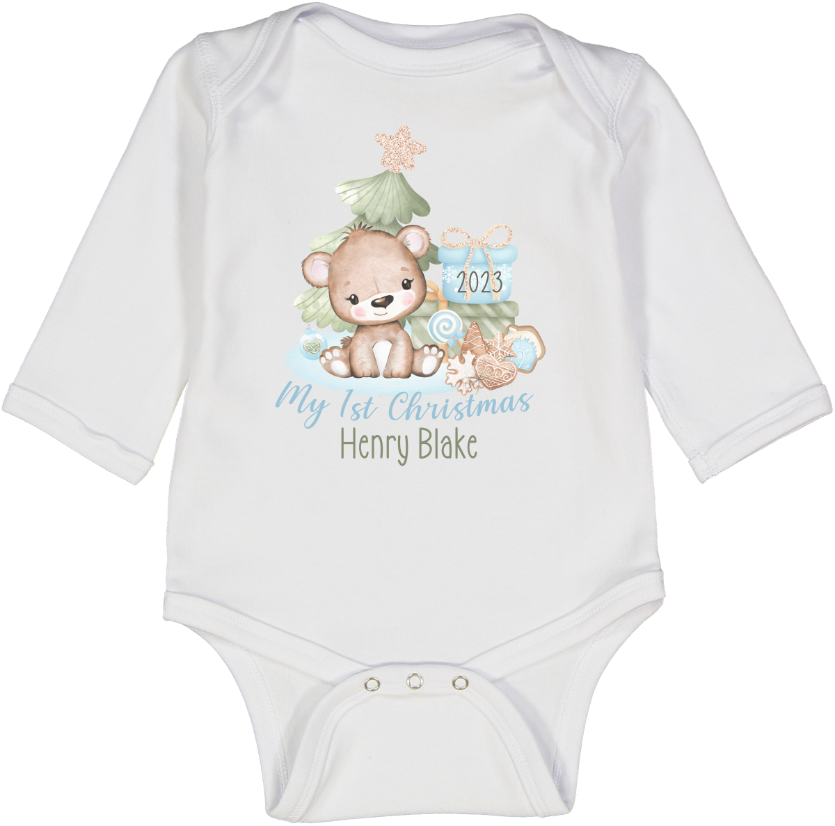 Personalized My First Christmas 2023 Bear Boy Tree LS Body 1