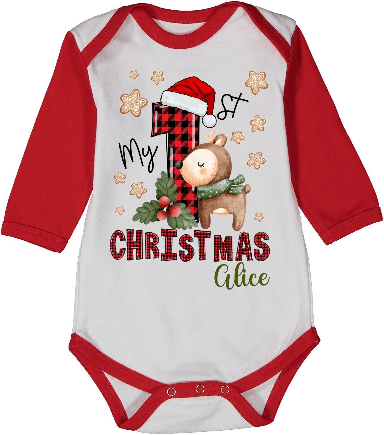 My First Christmas Reindeer Red Raglan Personalized Body 5