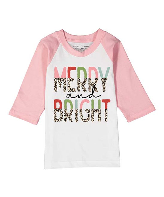 Merry & Bright Pink Raglan Christmas Tee for Girls