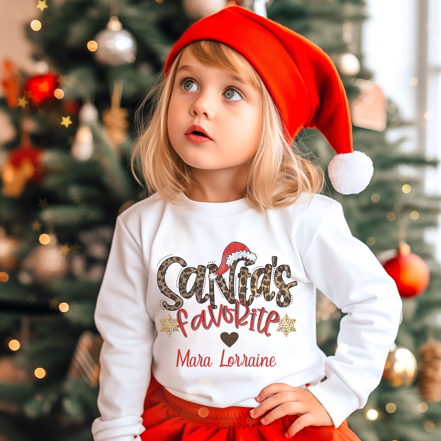 Santa's Favorite Leopard print Long Sleeve Girl's Personalized Tee