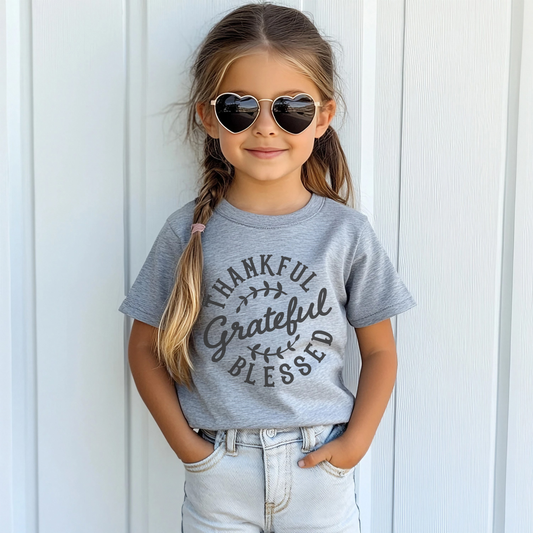 Thankful Grateful Blessed Gray Short or Long Sleeve Tee for Boys & Girls