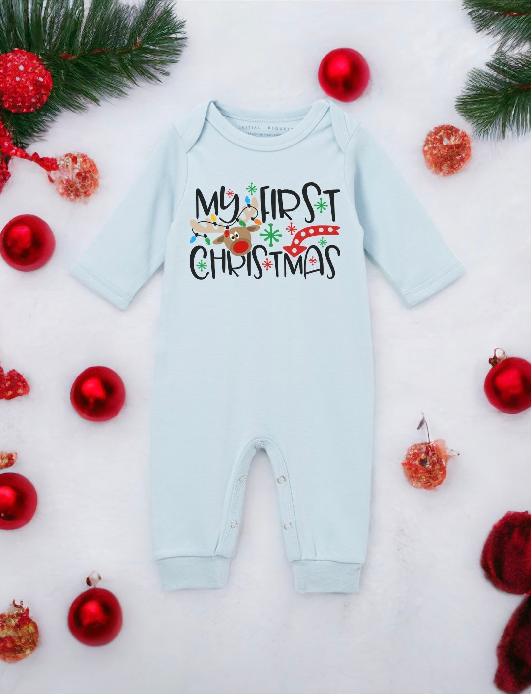 My First Christmas Reindeer Blue Romper