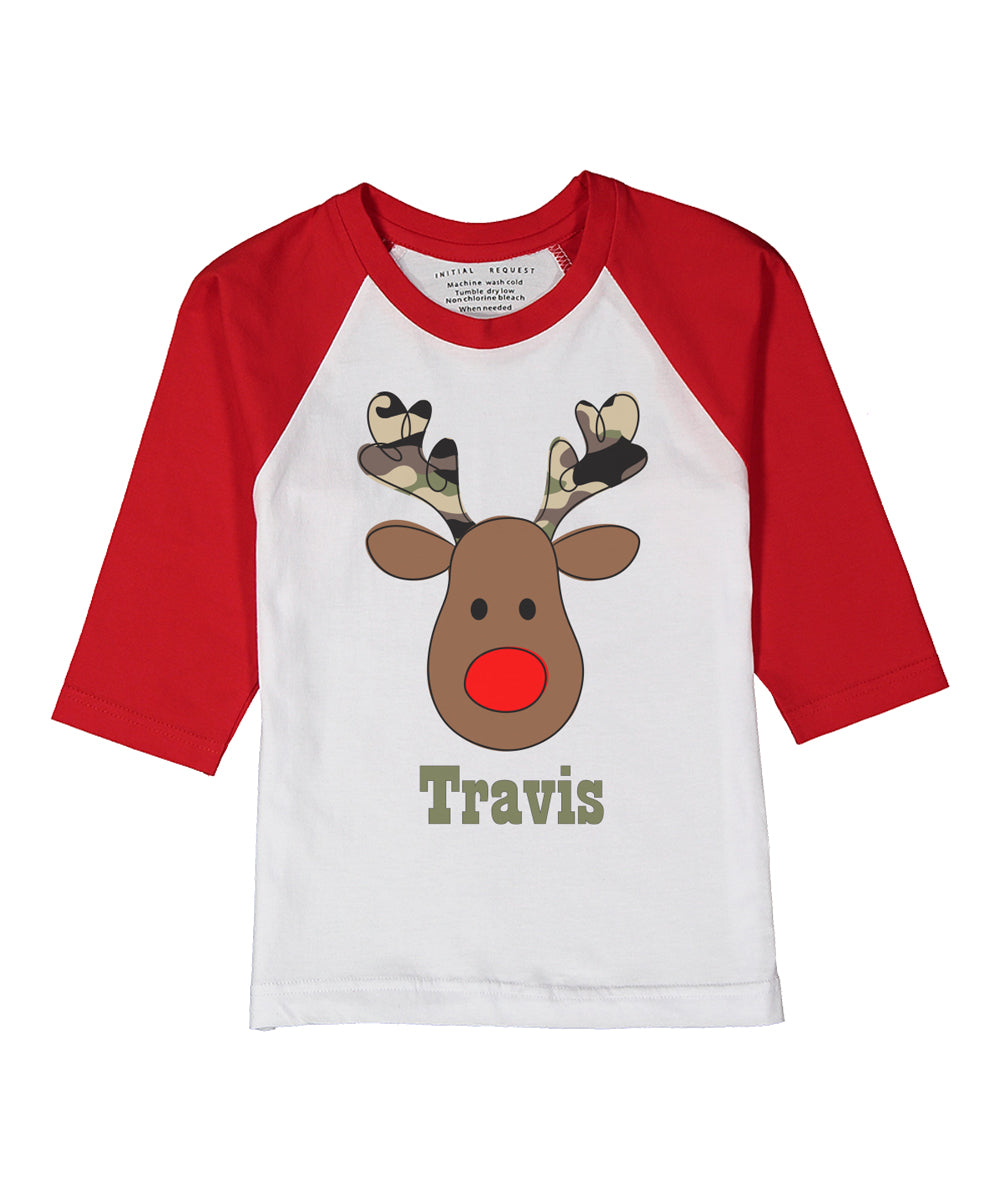 Camo Antler Reindeer Red Raglan Tee Personalized