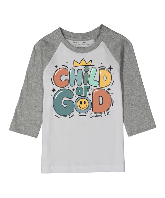 Child of God Gray Raglan Tee for Boys and Girls Christian Tee