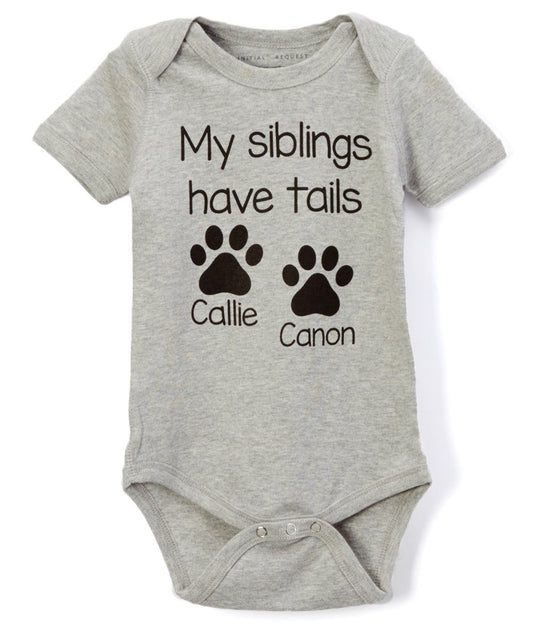 My Siblings Have Tails Gender Neutral Personalized Gray short sleeve bodysuit