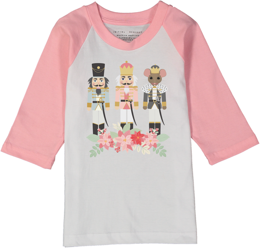 Pink Raglan Christmas Floral Nutcrackers Holiday Tee for Girls