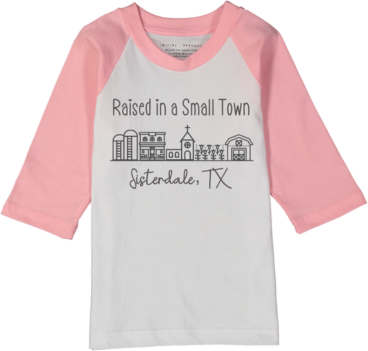 Raised in a Small Town Pink or Gray Raglan Tee for Boys and Girls