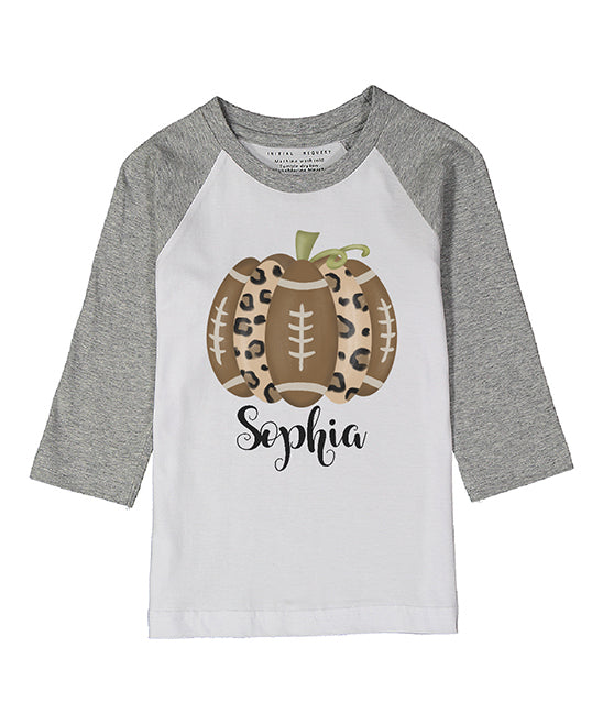 Pumpkin Leopard Football Gray Raglan Tee Personalized